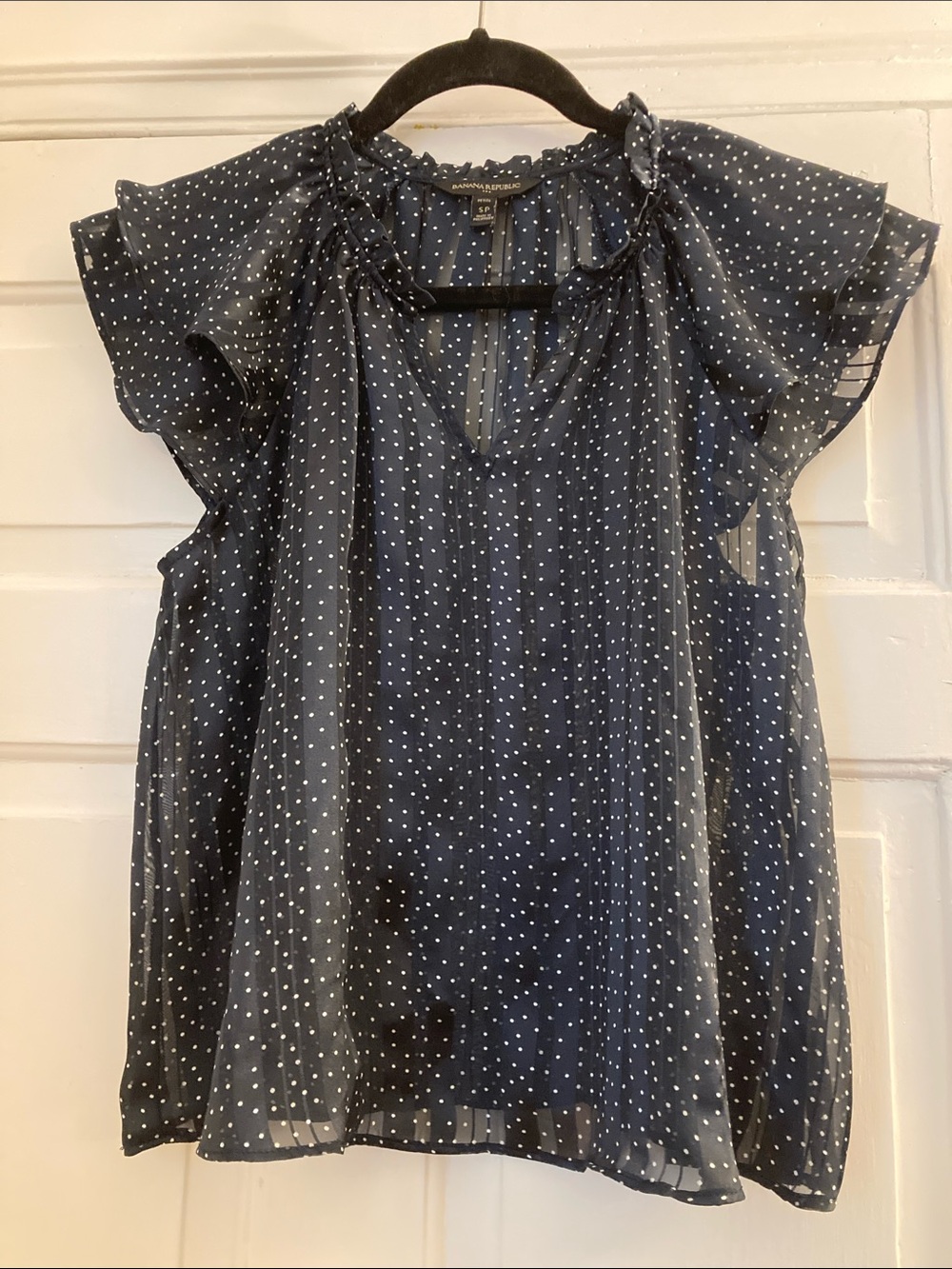 Banana Republic Navy and White Polka Dot Flutter Sleeve Blouse Size: S